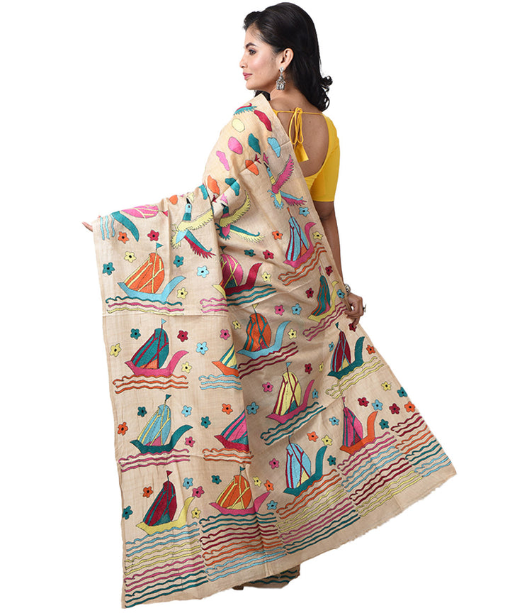 Beige bengal tussar silk hand embroidery kantha stitch saree