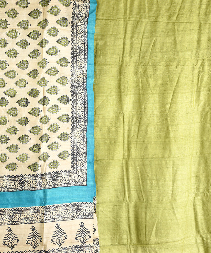 2pc Green beige hand block print tussar silk dress material