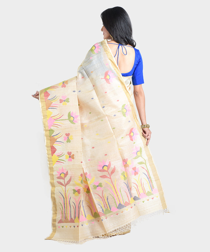 Beige handwoven jamdani tussar silk saree