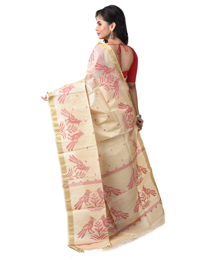 Beige red handwoven tussar silk bengal jamdani saree