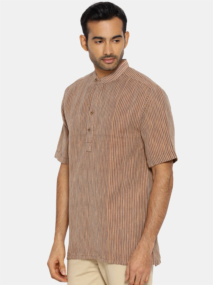 Brown striped mandarin collared short sleeve shirt