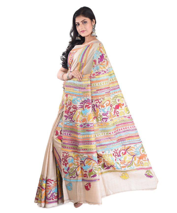 Beige multicolour tussar silk hand embroidery saree