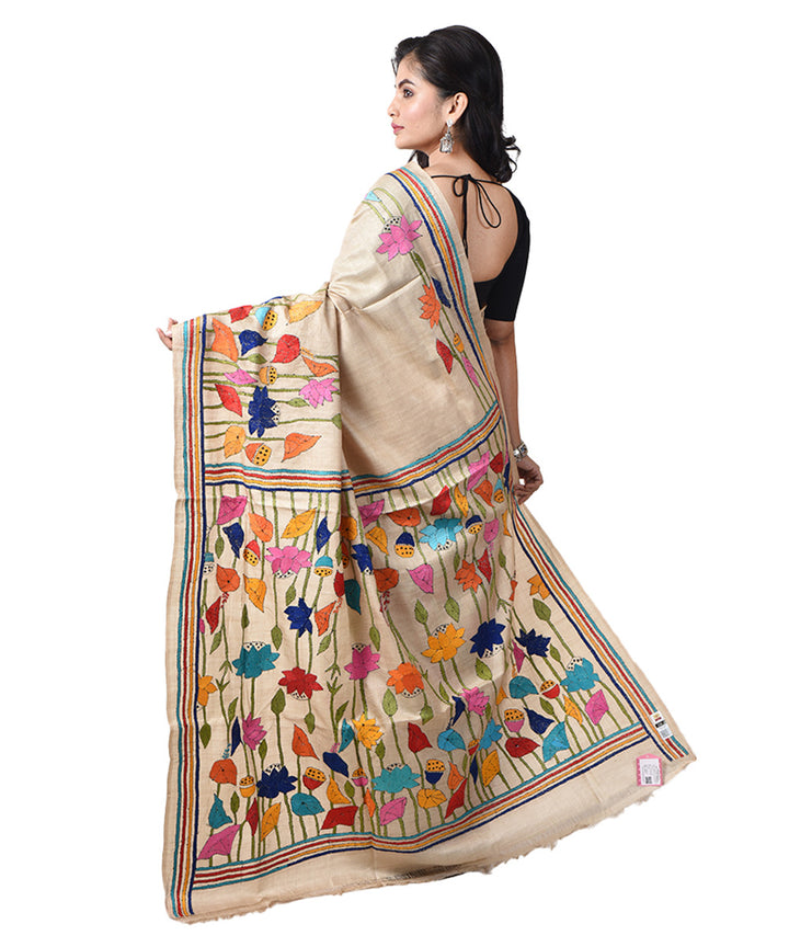 Beige tussar silk bengal hand embroidery kantha stitch saree