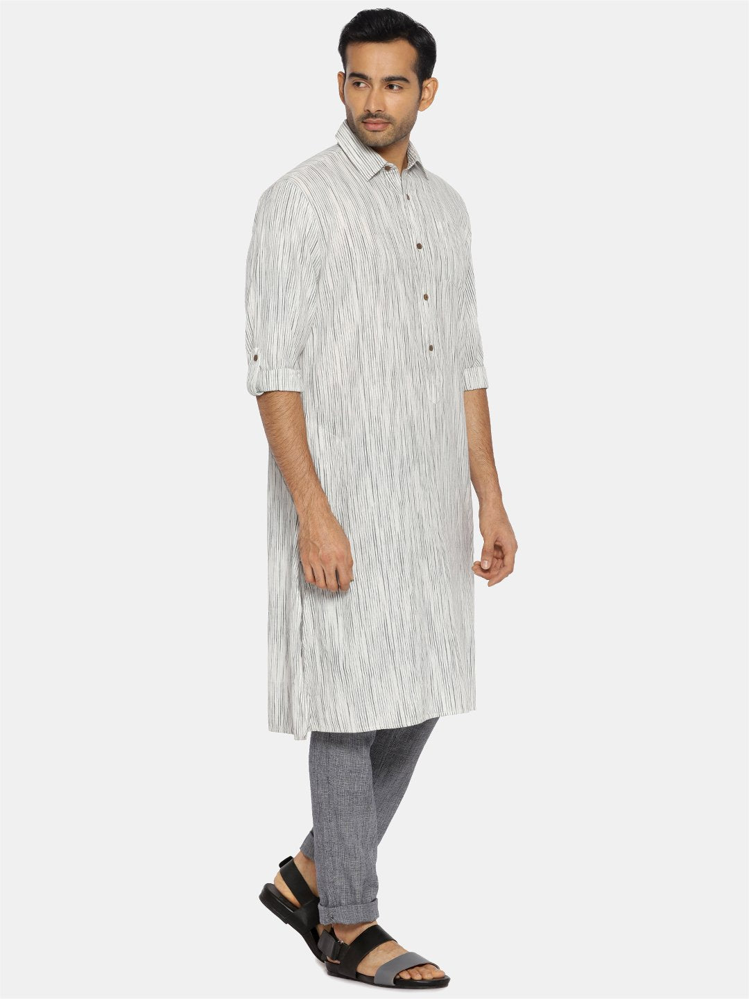 Black & white striped collared kurta