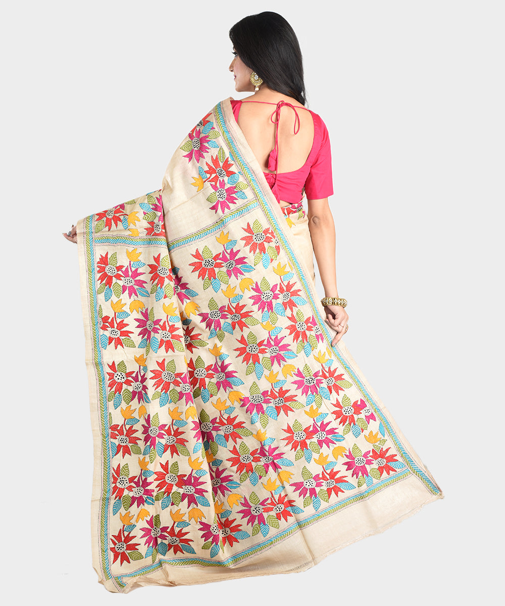 Beige multicolor hand embroidery kantha stitch tussar silk saree