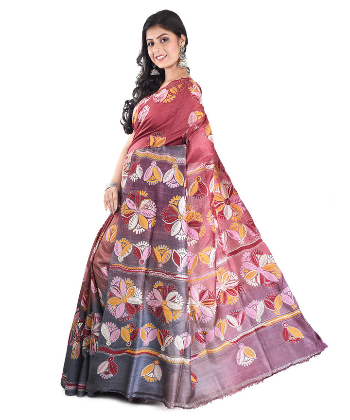 Maroon grey tussar silk hand embroidery saree