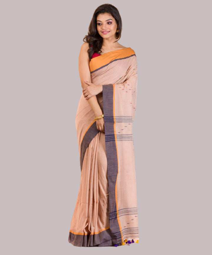 Peach black orange handwoven bengal cotton jamdani saree