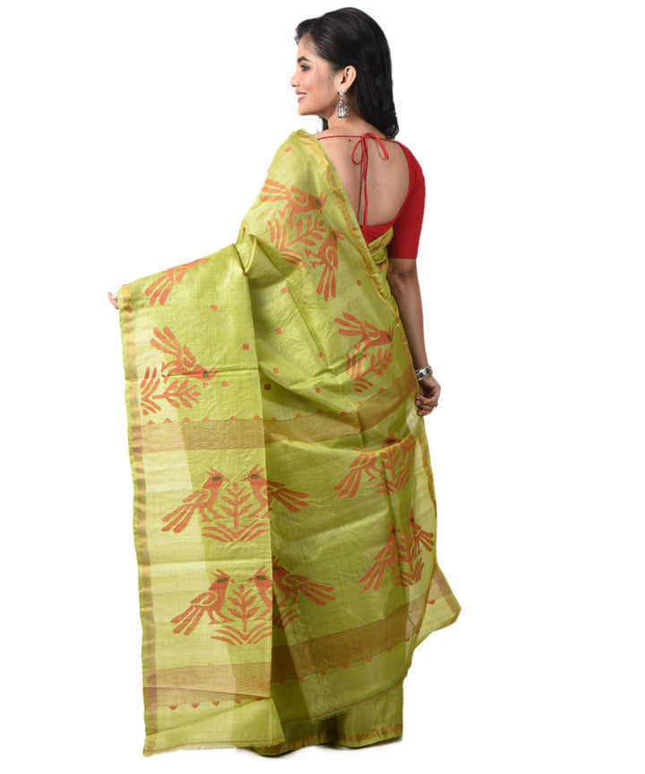 Light green handwoven tussar silk bengal jamdani saree