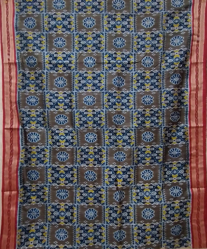 Dark grey red handwoven silk khandua saree