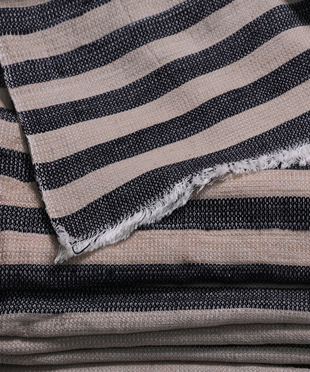 Indigo beige handspun handwoven cotton stripe fabric