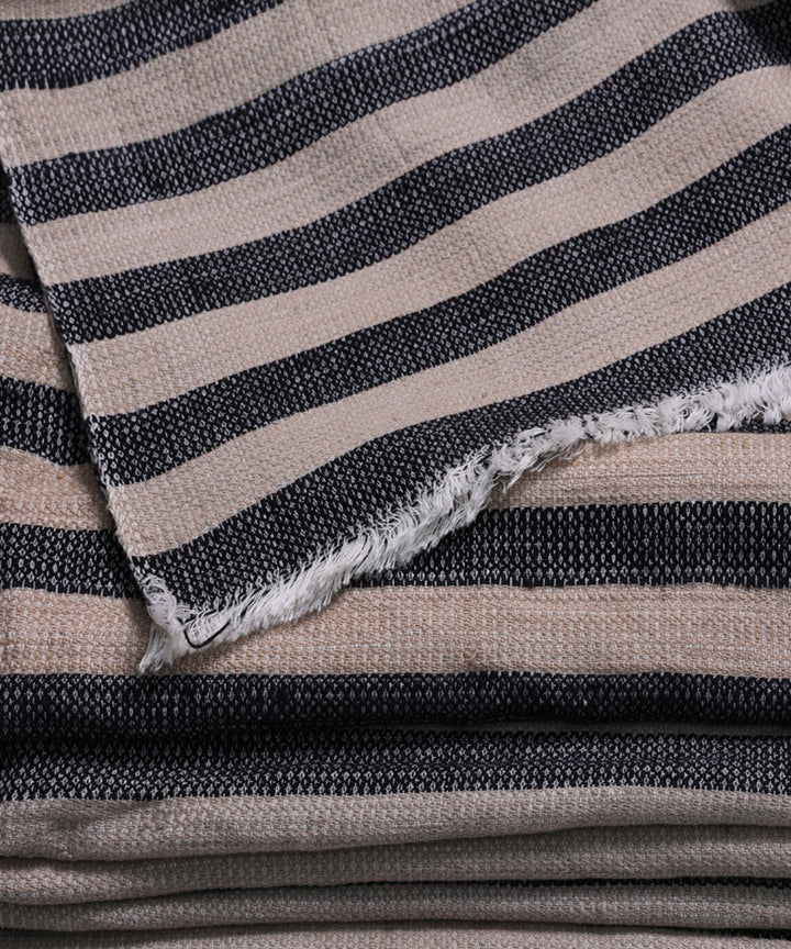 Indigo beige handspun handwoven cotton stripe fabric