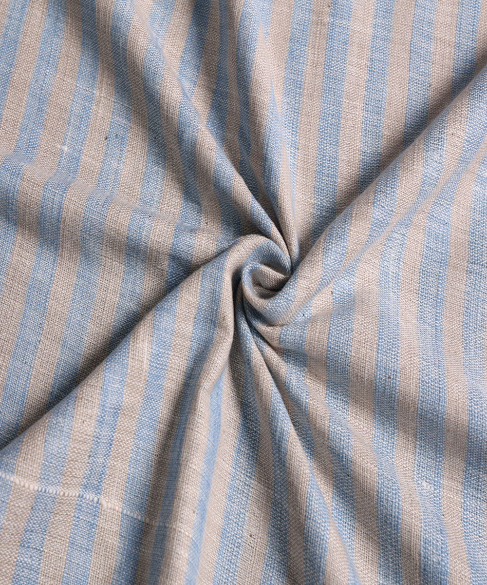 Blue beige handspun handwoven cotton stripe fabric