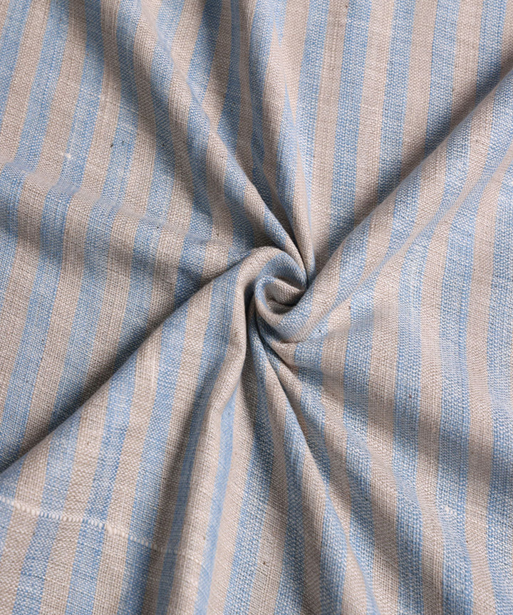 Blue beige handspun handwoven cotton stripe fabric