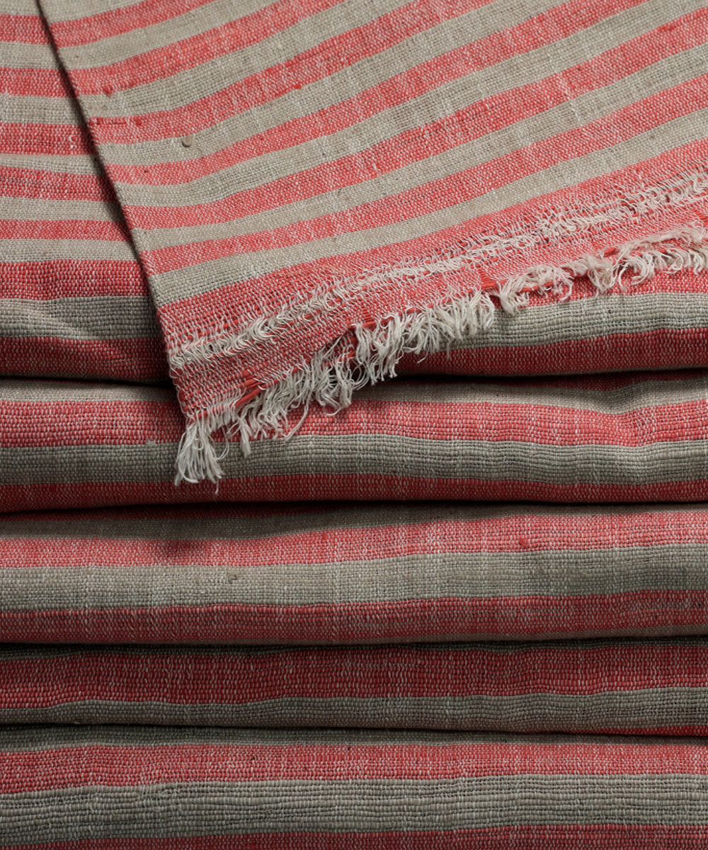 Red beige handspun handwoven cotton stripe fabric