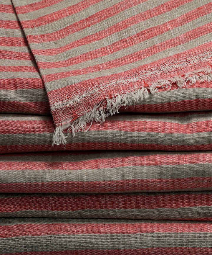 Red beige handspun handwoven cotton stripe fabric