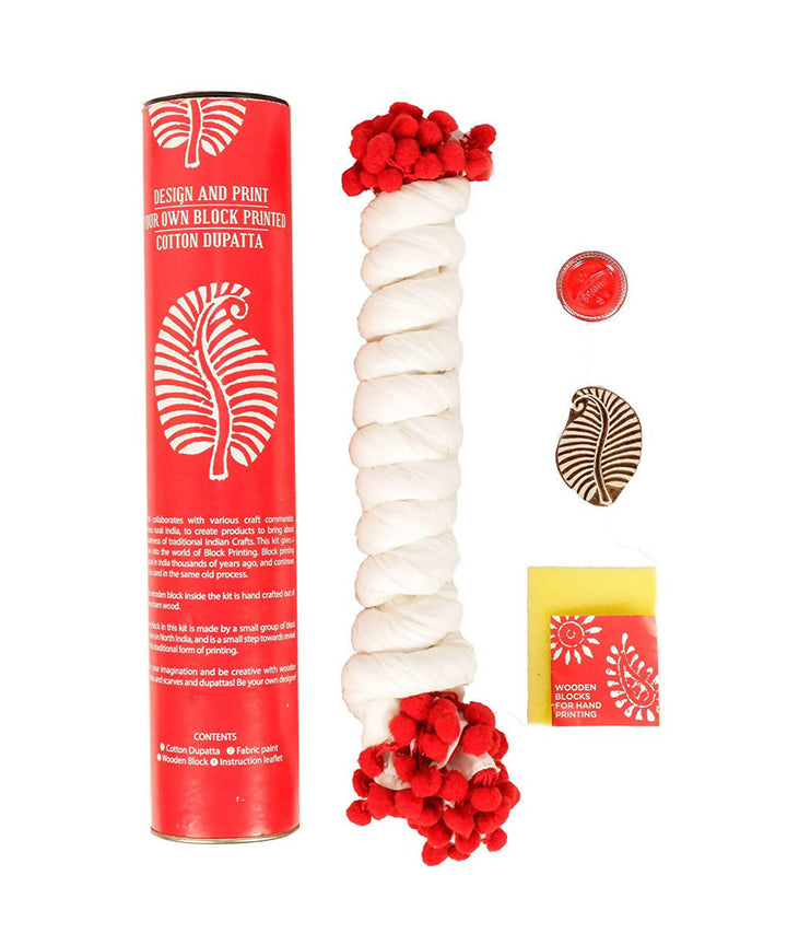 Handmade Wooden Block Print DIY Craft Kit Dupatta Leaf Design (Red)