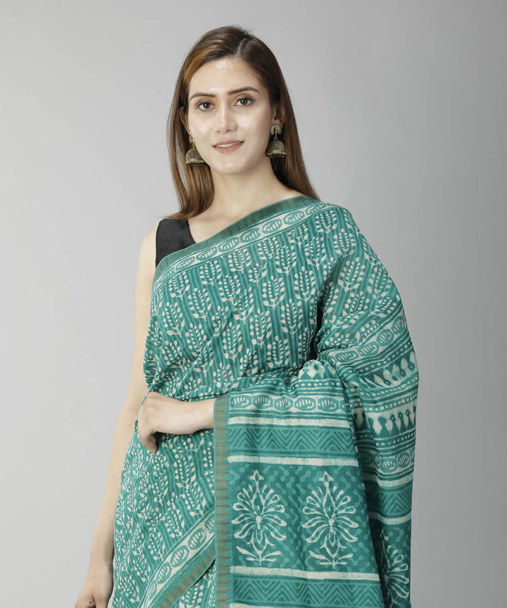 Teal green bagru handblock printed cotton silk saree