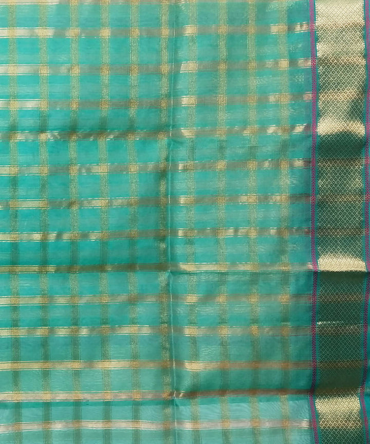 White and green checks handloom cotton silk maheshwari saree