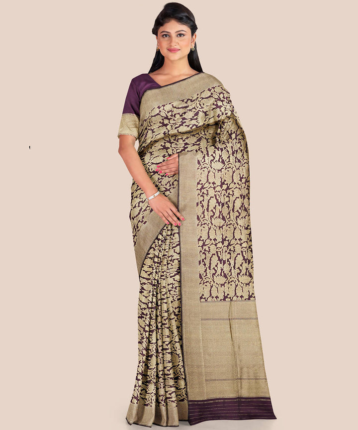 Dark maroon cream handwoven silk banarasi saree