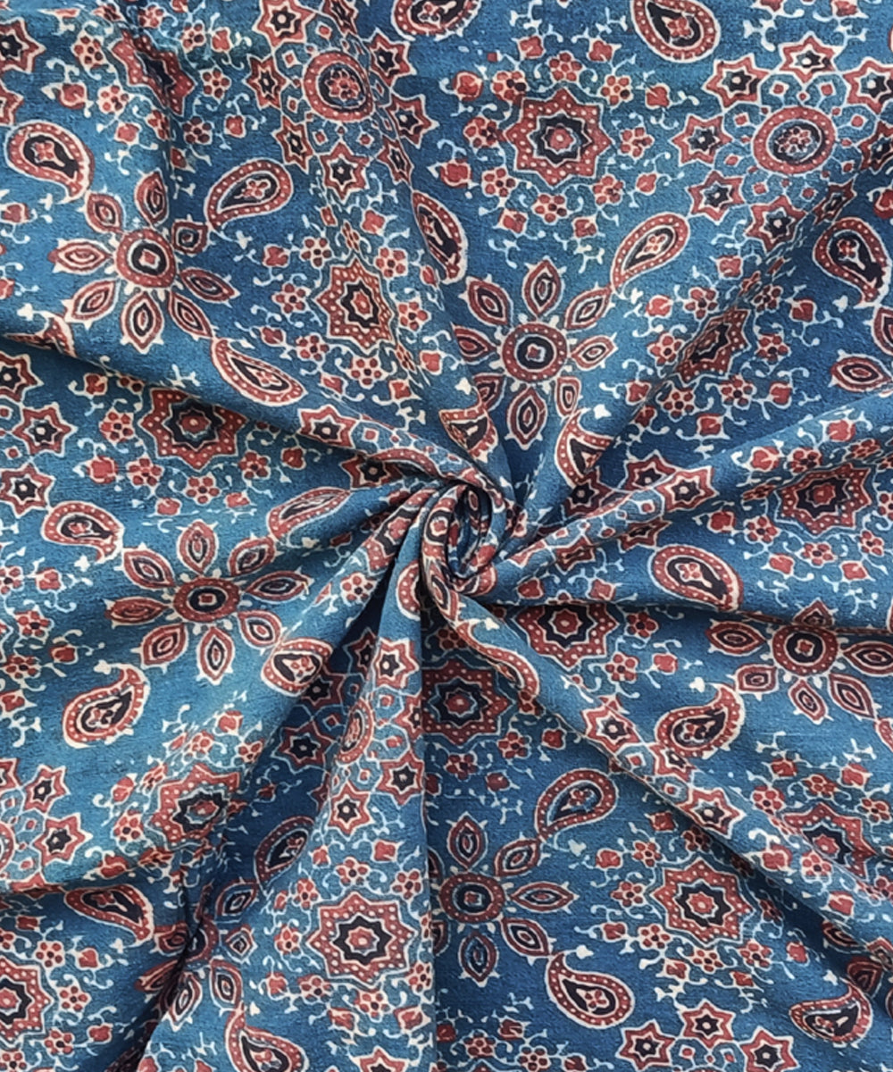 2.5m Indigo red ajrakh print handspun hand woven cotton kurta fabric