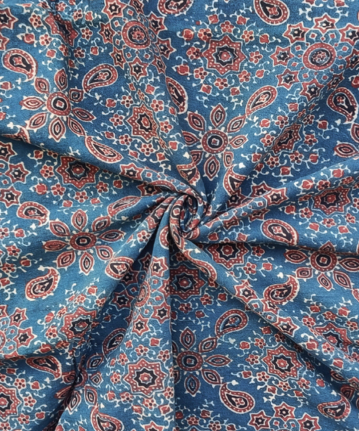 2.5m Indigo red ajrakh print handspun hand woven cotton kurta fabric