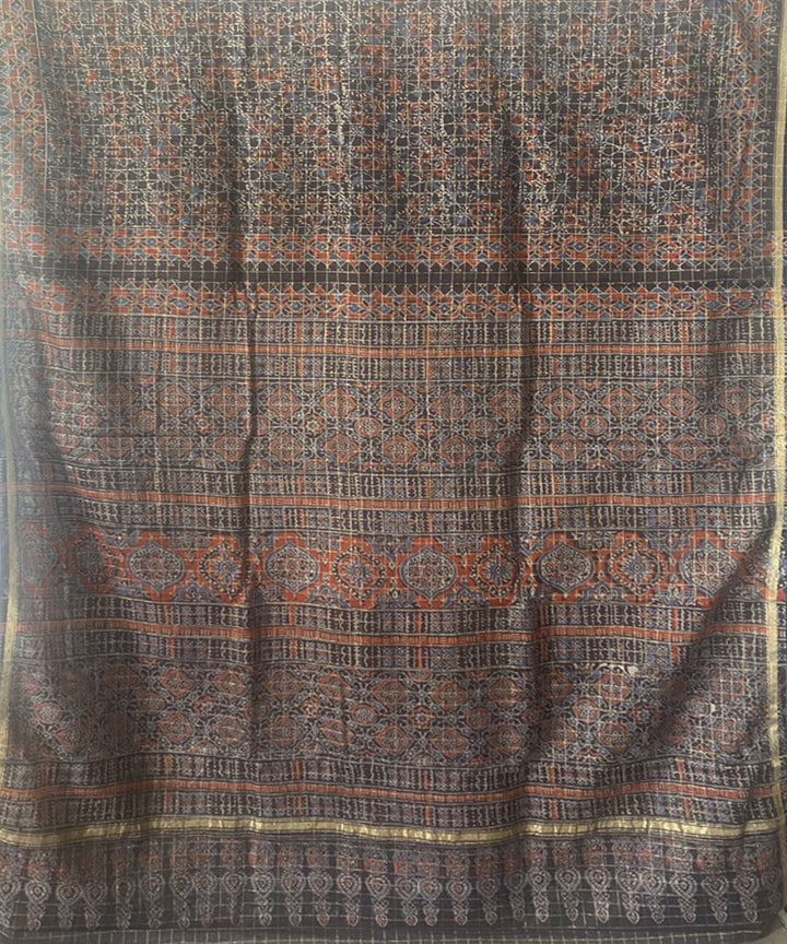 Grey hand block print chanderi cotton silk ajrakh saree