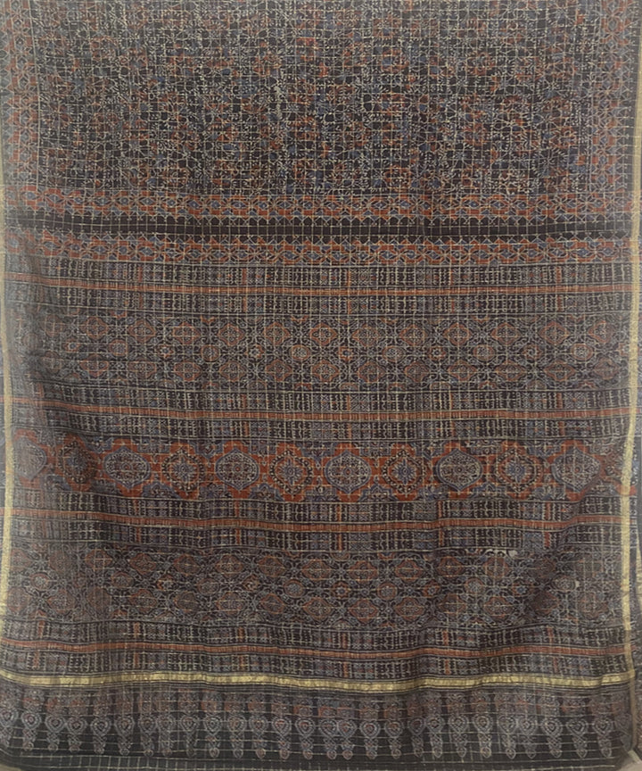 Grey hand block print chanderi cotton silk ajrakh saree