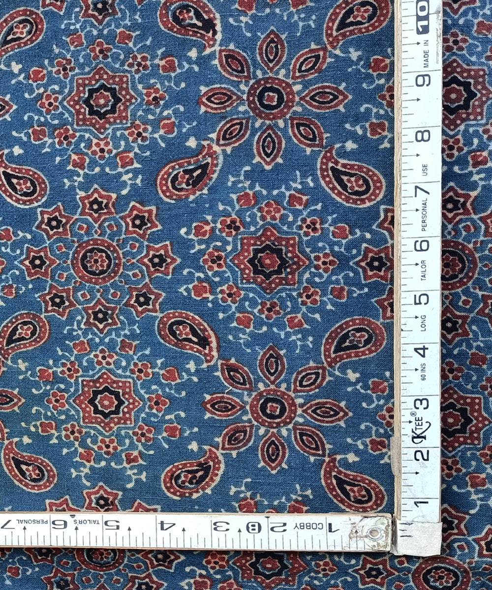 2.5m Indigo red ajrakh print handspun hand woven cotton kurta fabric