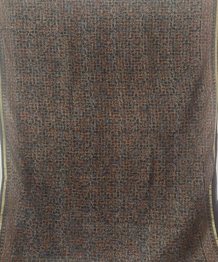 Grey hand block print chanderi cotton silk ajrakh saree