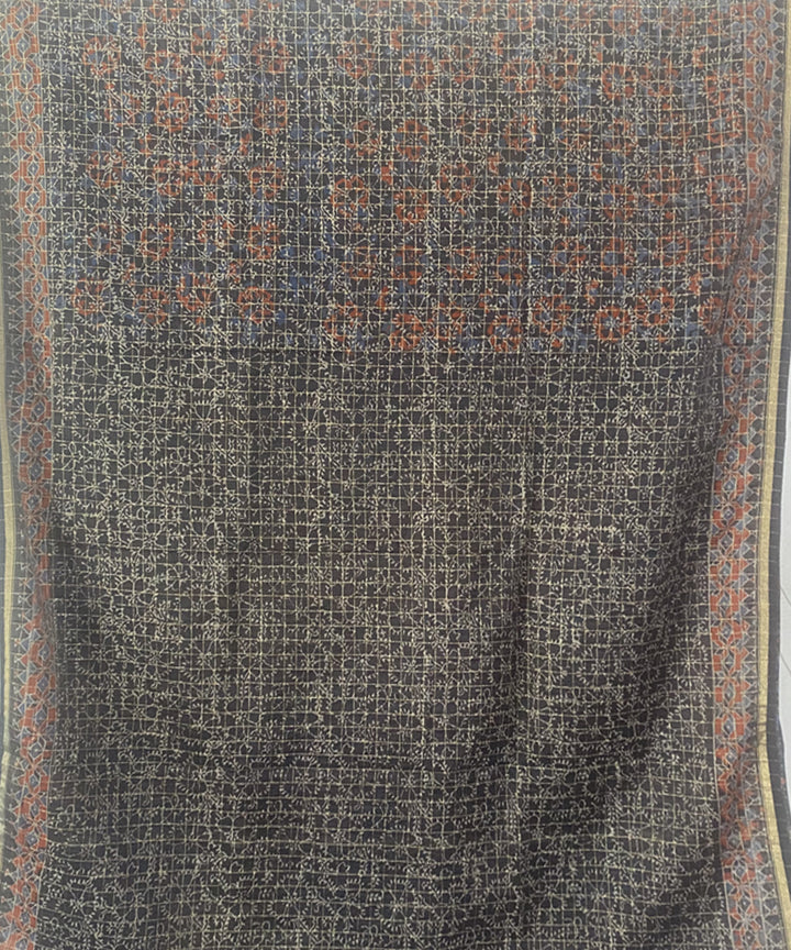 Grey hand block print chanderi cotton silk ajrakh saree