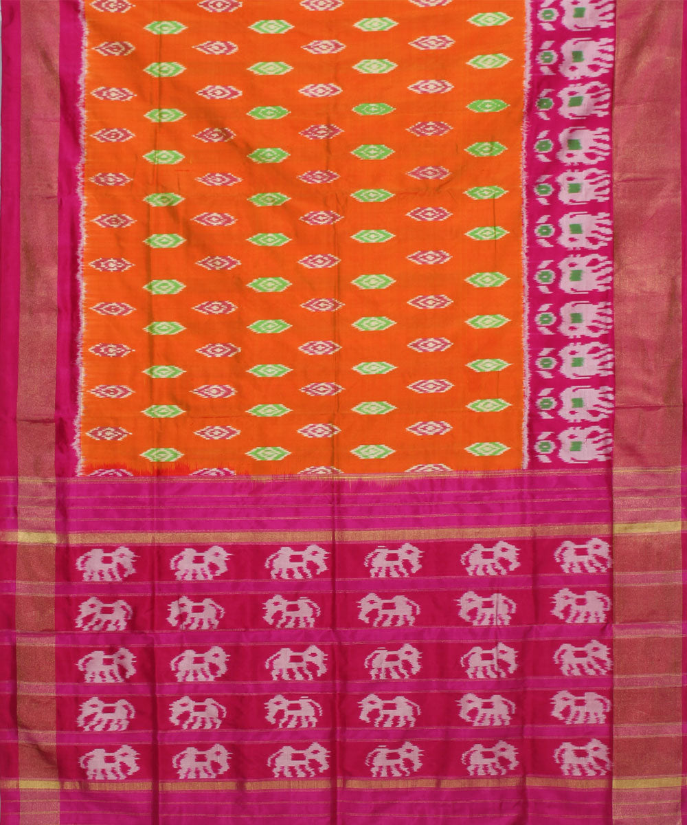 Handloom orange pink ikat rajkot silk pochampally saree