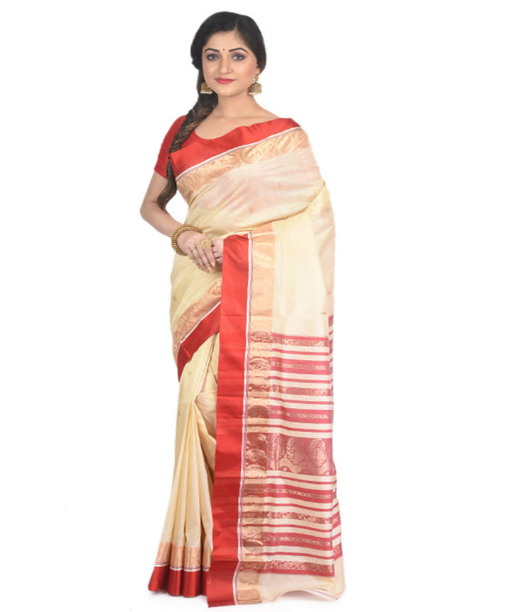Beige and red handloom garad silk saree