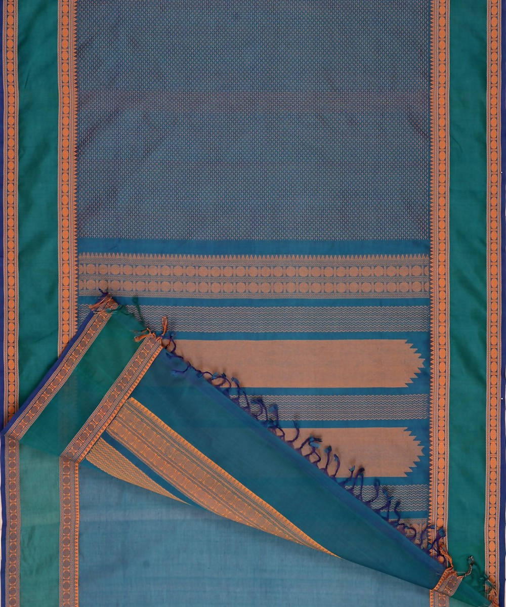 Peacock blue kanchi silkcotton saree with plus butta rudraksha border