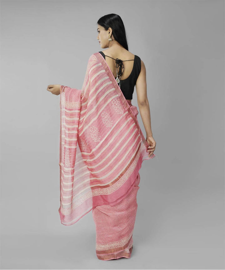 Light pink bagru handblock printed linen saree
