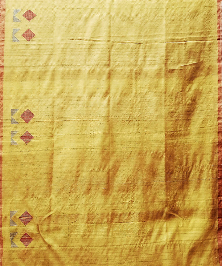 Yellow red handwoven extra weft silk saree