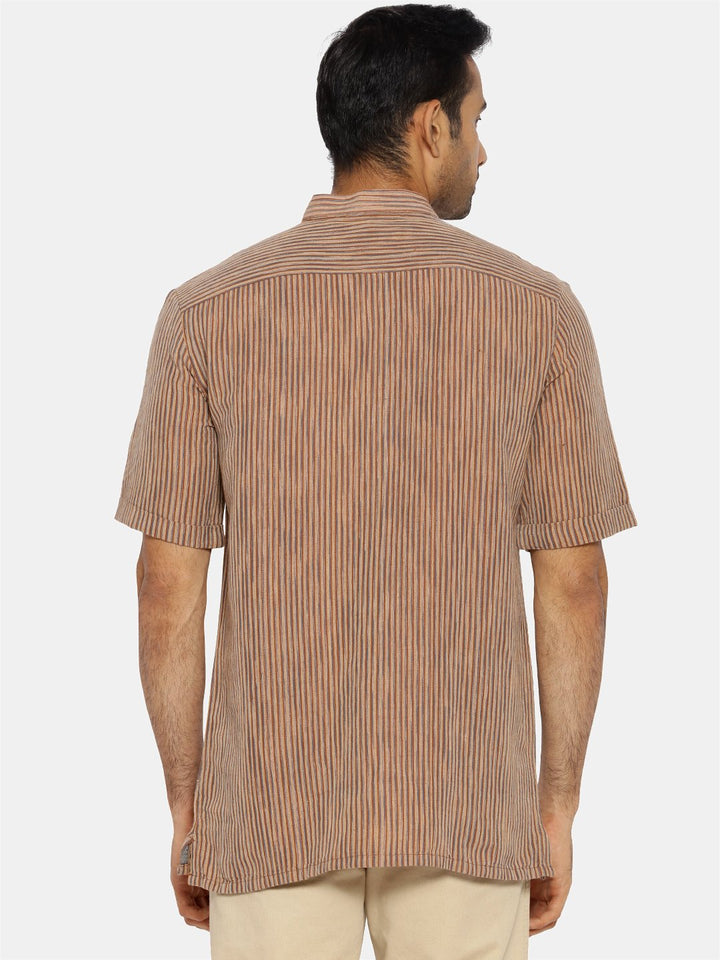 Brown striped mandarin collared short sleeve shirt