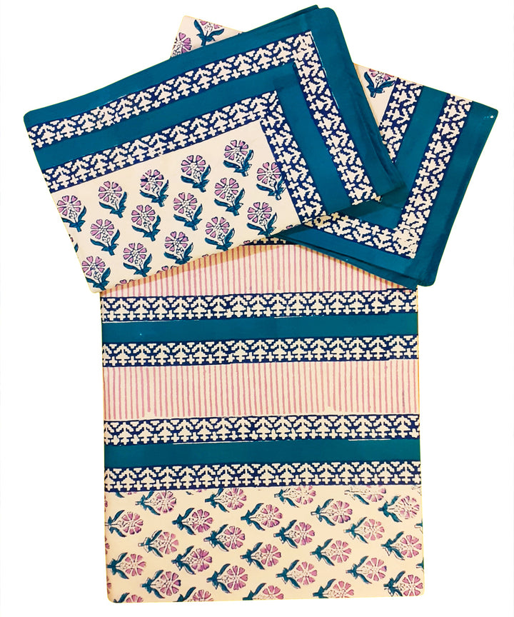 Blue floral hand-block print cotton bed sheet with pillow covers