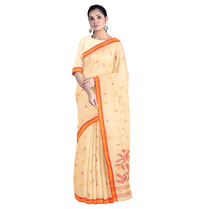 Tantuja light orange handloom cotton jamdani saree