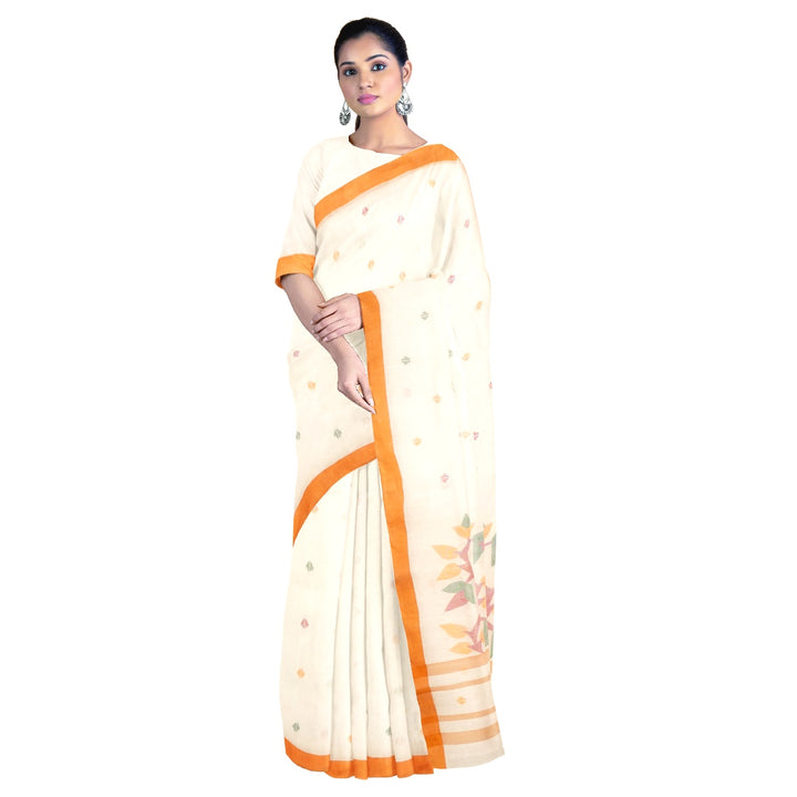 Tantuja beige and orange handloom cotton jamdani saree