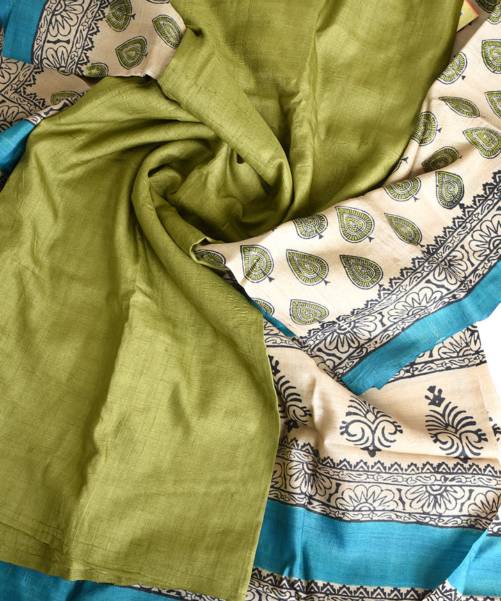 2pc Green beige hand block print tussar silk dress material