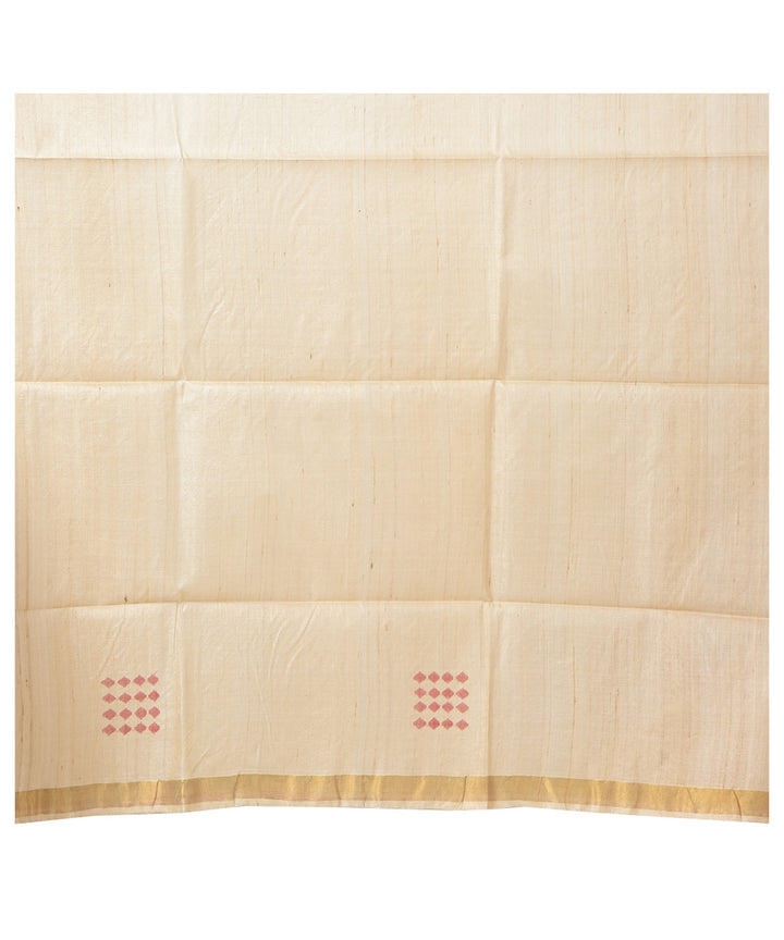 Beige red handwoven tussar silk bengal jamdani saree