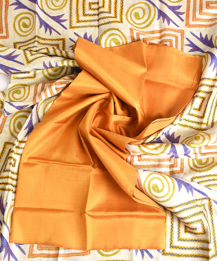 2pc Mustard beige hand embroidery silk dress material