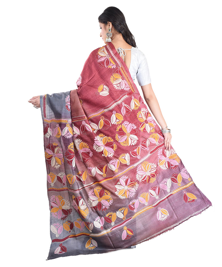 Maroon grey tussar silk hand embroidery saree