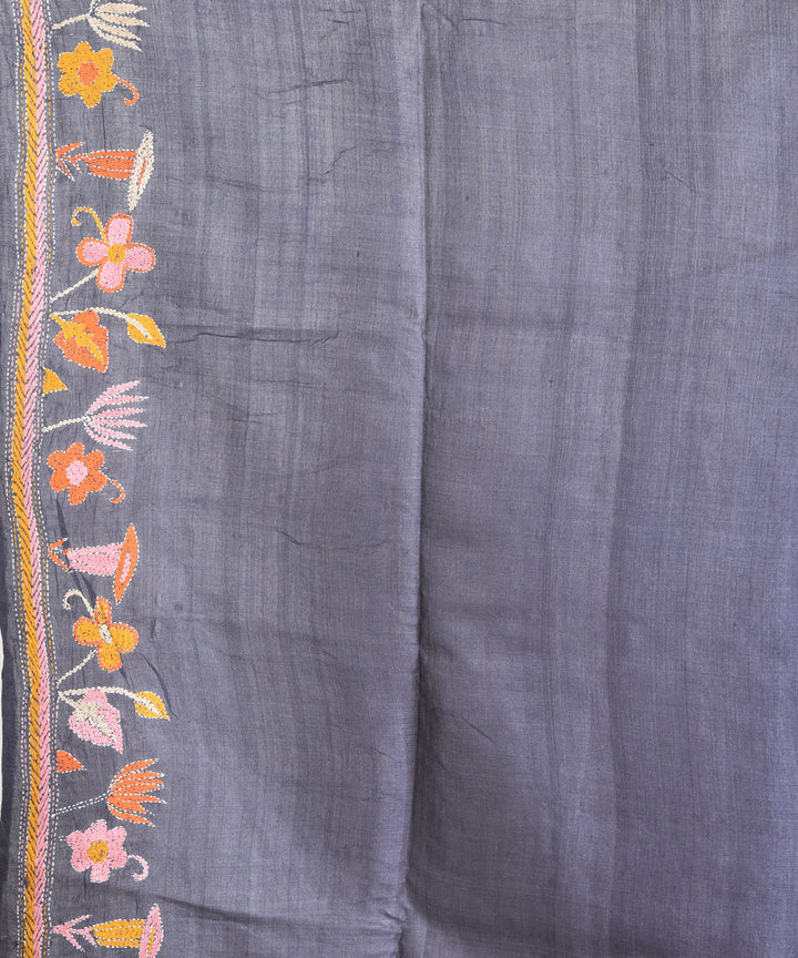 Mustard red tussar silk hand embroidery saree