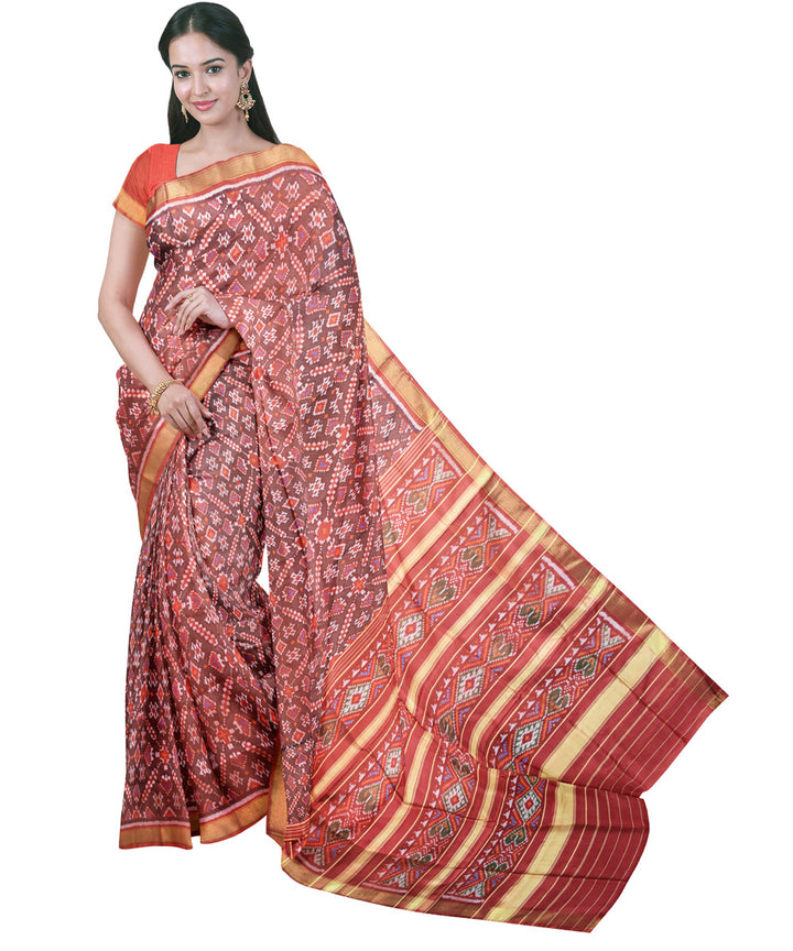 Brown and maroon silk handloom patola saree