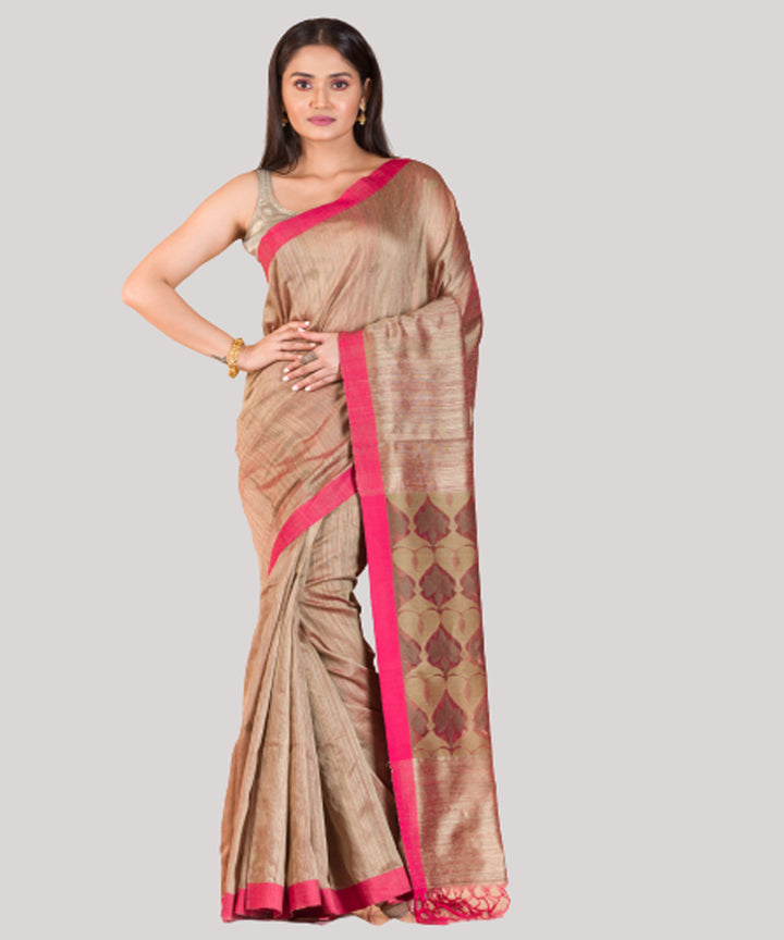 Beige and red handwoven bengal matka silk saree