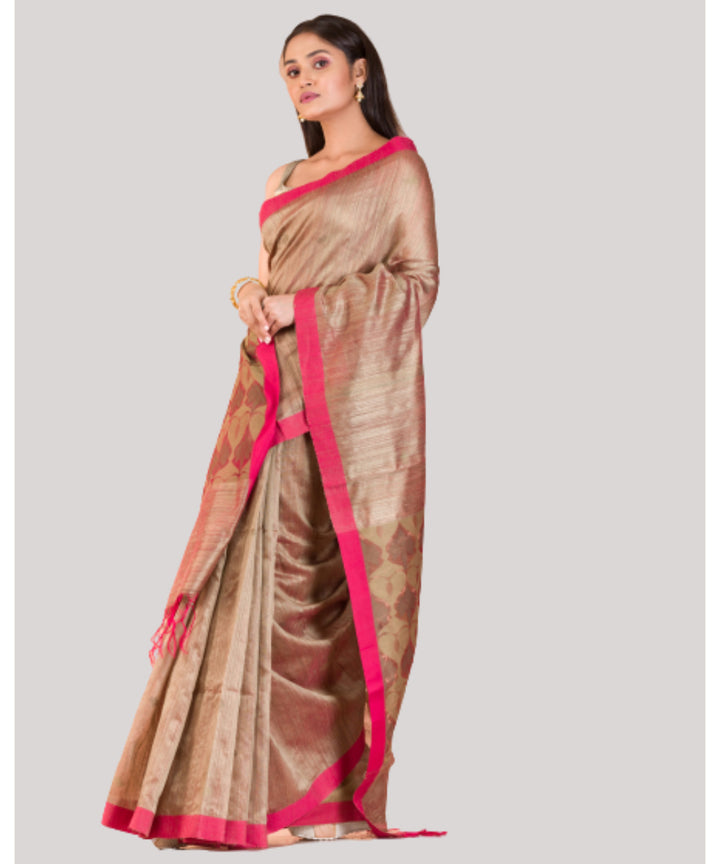 Beige and red handwoven bengal matka silk saree