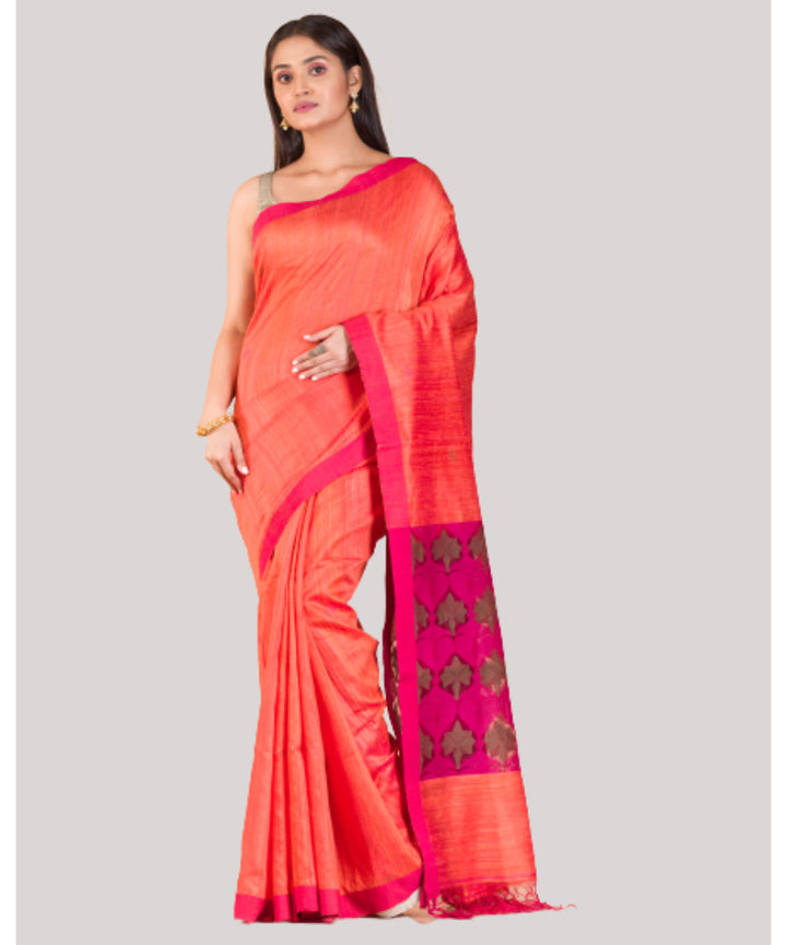Orange pink handwoven bengal matka silk saree