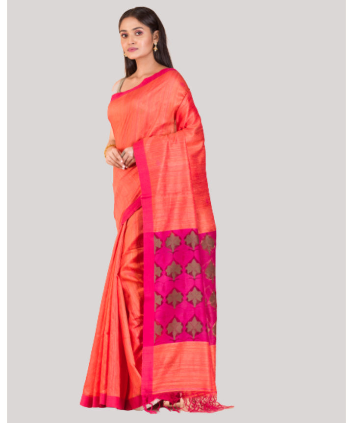 Orange pink handwoven bengal matka silk saree