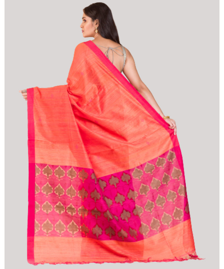 Orange pink handwoven bengal matka silk saree